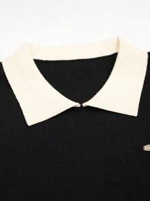 Suéter corto de estilo coreano con cuello de polo para otoño/invierno, jersey ligero, color block, manga larga, jersey de punto casual para mujer - Negro - Ver 8