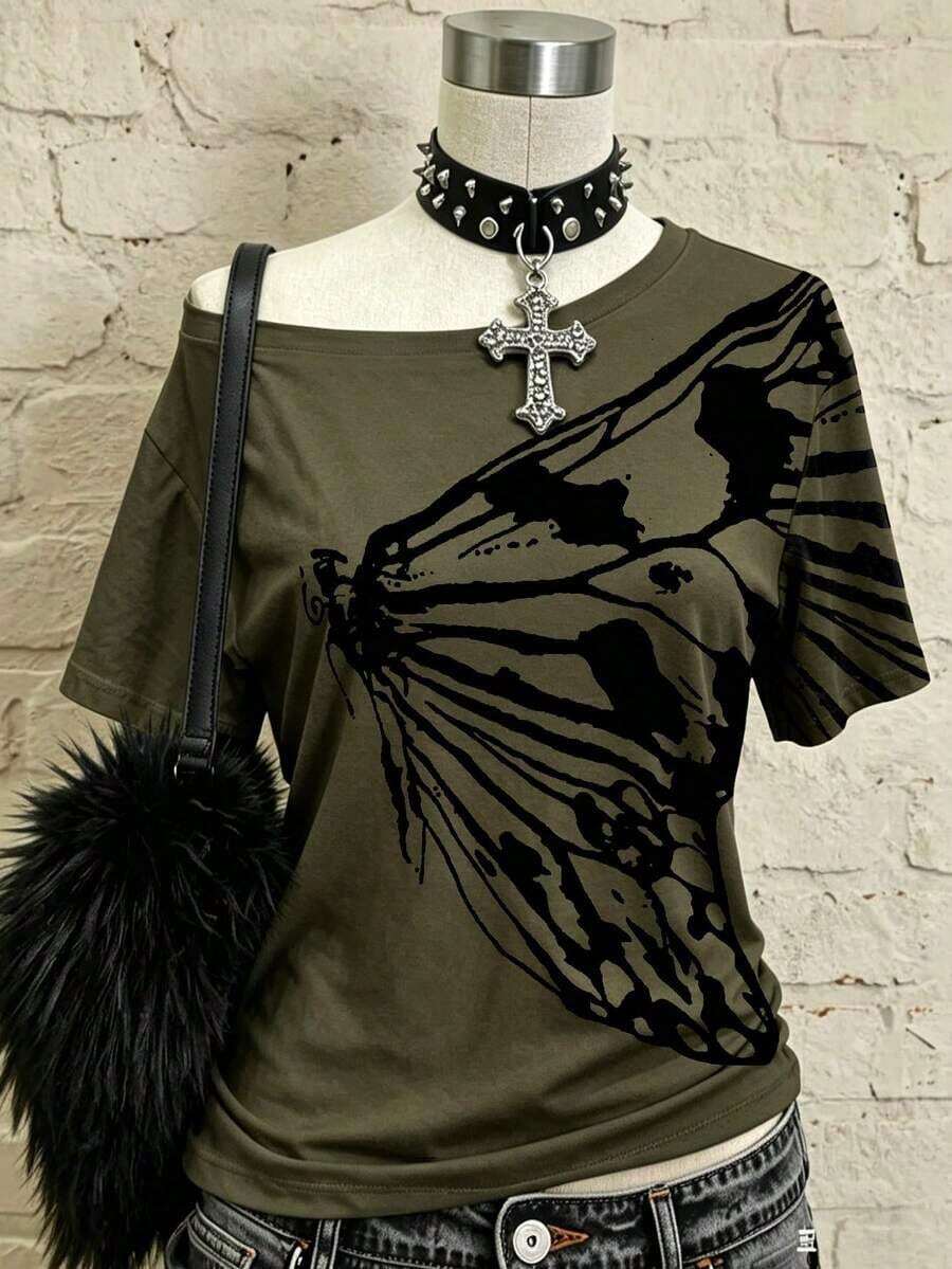 Camiseta asimétrica de mujer con estampado de mariposa retro Y2K, estilo casual suelto de manga corta sexy de moda punk rock - Multicolor 5 - Ver 1