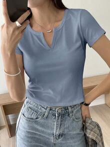 Camiseta con cuello en pico sólido, top corto para mujer - Niebla azul - Ver 1