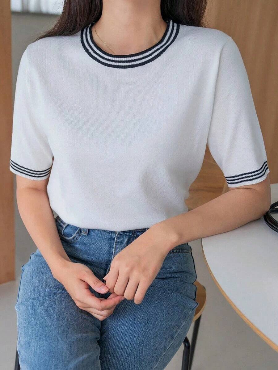 Top de punto con mangas cortas y ribete de bloqueo de color, casual de negocios - Blanco - Ver 1