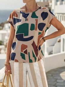Camisa casual de lino con cuello redondo, manga corta tipo murciélago y unicolor para mujer, primavera/verano - Multicolor - Ver 6
