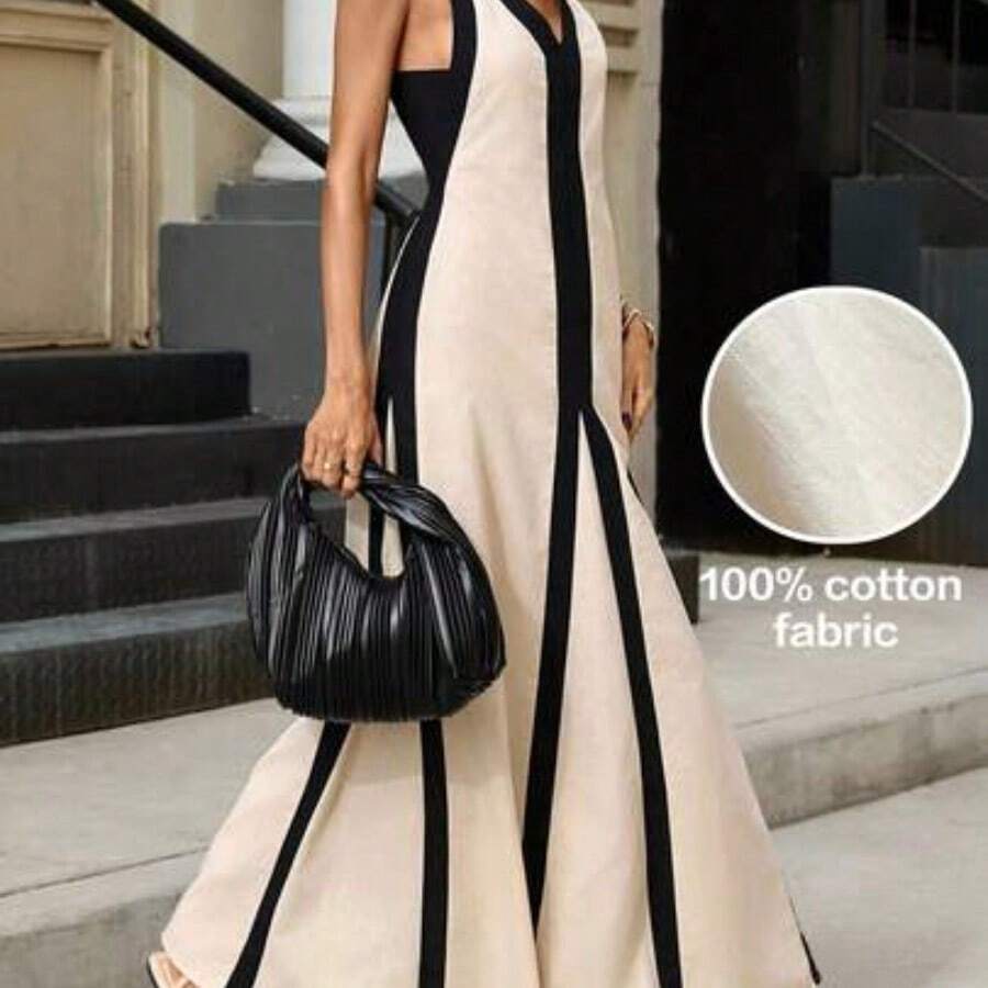 YijiaNvz Vestido sin mangas y sin espalda con bloques de color para vacaciones de verano - Blanco y Negro - Ver 1