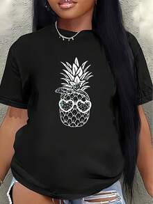 Camiseta de manga corta de poliéster con estampado de calavera de piña, ligera y duradera, adecuada para uso casual en casa, en restaurantes o para actividades al aire libre. - Negro - Ver 7