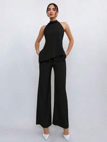 xheAloruh Conjunto de top halter con espalda descubierta y pantalones largos de unicolor, para el veranoxhe - Negro - Ver 5