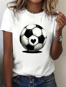 Camiseta de moda1pc Women's Oversized Soccer Football T-Shirt - Black & White Soccer Ball & Heart Print, Breathable Round Neck Short Sleeve, Loose Fit Casual Top For Soccer-Themed Parties, Training, Birthday Gift For Female Players & Fans - All,Camisetas conmemorativas, productos de anime japonés, conjuntos para padres e hijos, artículos para el Día de San Valentín, camisetas gráficas para hombre, camisetas gráficas para mujer, camisas - Blanco - Ver 1