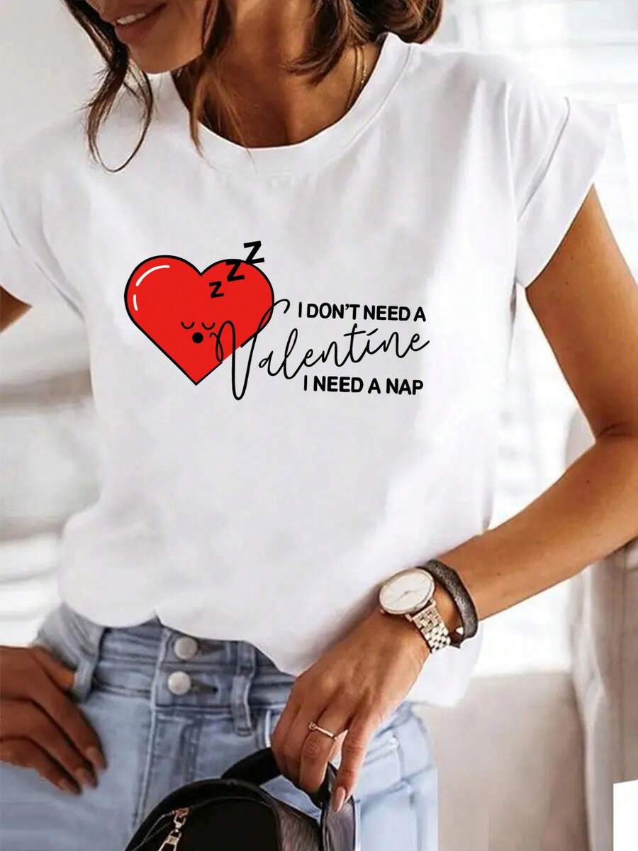 Camiseta de mujer con estampado de corazones, cuello redondo ajustado, ropa de mujer de manga corta a la moda. - Blanco - Ver 1