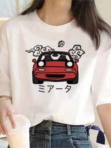 Camiseta de Mujer con Estampado Gráfico Miata, Camiseta Casual de Manga Corta para Verano, Tops Harajuku, Camiseta Femenina con Diseño de Dibujos Animados, Ropa Linda, Adecuada para primavera, verano y otoño. - Blanco - Ver 7