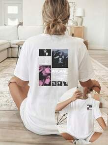 [Double-Sided Print] Women's Casual Spring/Summer Style Top With A Round Neck And Short Sleeves, Featuring A Collage-Style Combination Of Character Photos, Including The Text "ARCANE" And Multiple Portraits In Black And White And Purple Tones. Suitable For All Seasons, 100% Cotton. - 白色 - 查看 7