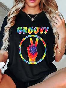 Camiseta Vintage de los 70s con Estampado Tie-Dye para Mujer de Talla - Top Negro de Cuello Redondo con Patrón de Símbolo de la Paz en Azul, Rosa y Verde, Adecuada para Fiestas Temáticas de los 70s y Uso Casual Diario, Lavable aáquina - Camiseta Vintage de Estilo Urbano Unisex de Algodón, Manga Corta y Cuello Redondo. - Negro - Ver 1