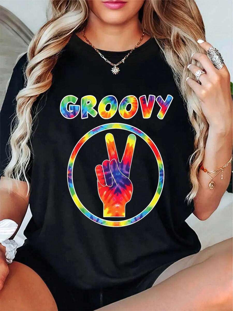 Camiseta Vintage de los 70s con Estampado Tie-Dye para Mujer de Talla - Top Negro de Cuello Redondo con Patrón de Símbolo de la Paz en Azul, Rosa y Verde, Adecuada para Fiestas Temáticas de los 70s y Uso Casual Diario, Lavable aáquina - Camiseta Vintage de Estilo Urbano Unisex de Algodón, Manga Corta y Cuello Redondo. - Negro - Ver 1