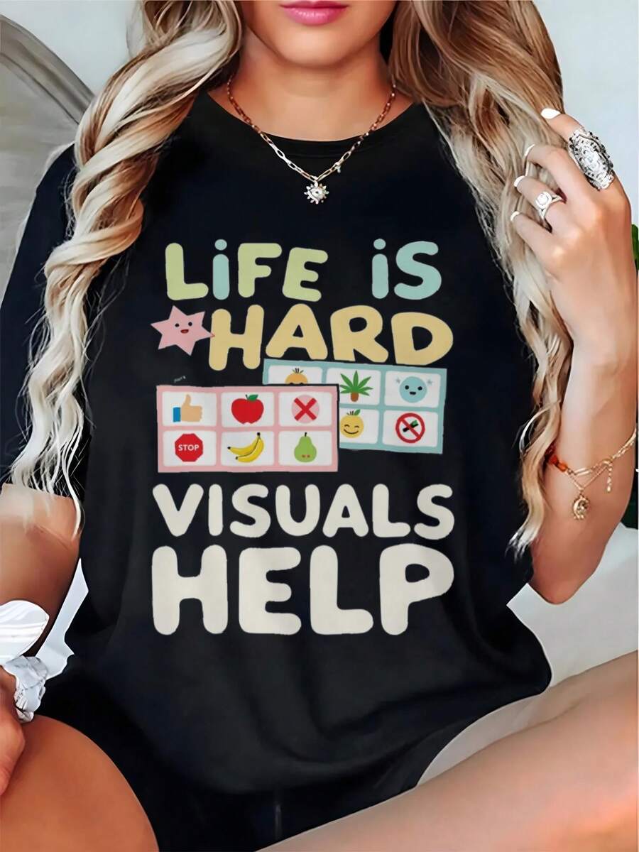 Camiseta Divertida para Mujer de Talla - Diseño de Rompecabezas La Vida Difícil Pero Ayudas Visuales para Terapeutas ABA - Negra con Texto Blanco -% para Uso Diario Casual - Costuras Duraderas, Adecuada para Profesionales y Entusiastas del Estilo Casual - Camiseta Unisex de Algodón, Manga Corta, Cuello Redondo, Estilo Vintage Urbano - Negro - Ver 1