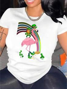 Camiseta de Talla para Mujer con Estampado de Flamencos - Blusa Casual Blanca de Verano, Diseño de Pájaro Rosa, Ligera para Uso Diario en la Playa o Fiestas - Ropa de Mujer Lavable aáquina - Camiseta Unisex de Estilo Vintage Urbano, de Algodón, Manga Corta y Cuello Redondo - Blanco - Ver 6