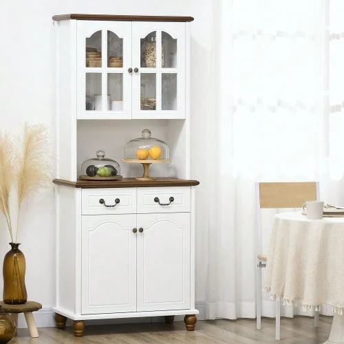 Kitchen Cabinet, Kitchen Sideboard With 2 Drawers, Tall Cabinet With Open Compartment, Cabinet Compartment, Display Cabinet With Soft-Close Function For Living Room, Kitchen, 76 X 38 X 182 Cm, White - White - View 1