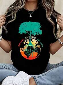 Camiseta Casual de Manga Corta Negra con Diseño de Árbol y Tierra, Estampado 'One Love One People One Earth', Ropa Casual de Verano para Mujer - Negro - Ver 7