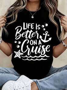 Camiseta "La Vida Es Mejor En Un Crucero" con Estampado de Ancla y Estrellas, Ropa Casual para Mujer, Atuendo de Verano, Ropa de Viaje para Vacaciones en la Playa - Estilo Vintage Urbano, Unisex, Camiseta de Manga Corta de Algodón Suelto con Cuello Redondo, 100% algodón. - Negro - Ver 3