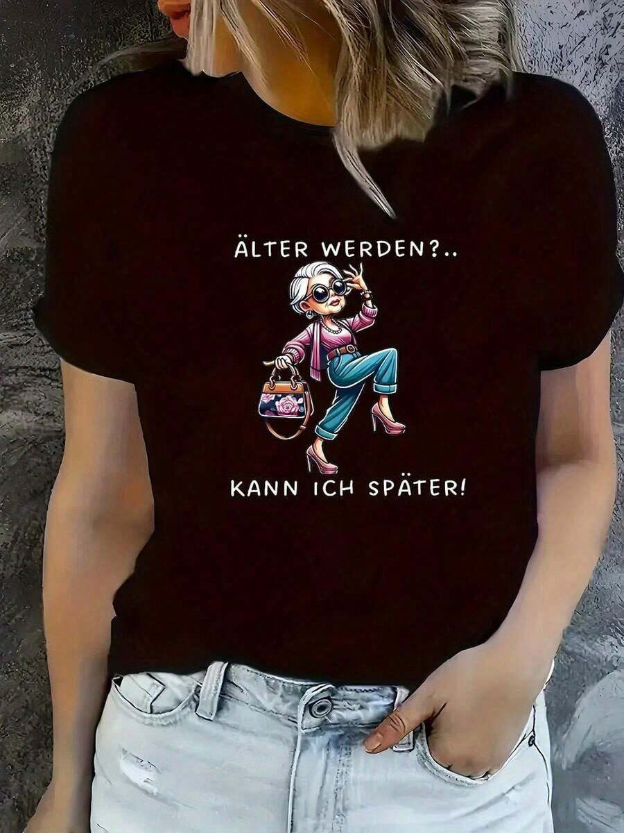 Original Women's T-Shirt With A Fun Modern Granny Print Design, Casual And Comfortable, Ideal For Everyday Wear, Youthful And Fun Style, Available In Sizes S To XL, Black With A Colorful Print, Casual Women's Fashion. - Black - View 1