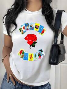 Camiseta con estampado gráfico de rosas y tarjetas de lotería coloridas, 180g, 1 pieza, estilo vintage, informal para mujer, 100% algodón, moda urbana. - Blanco - Ver 9