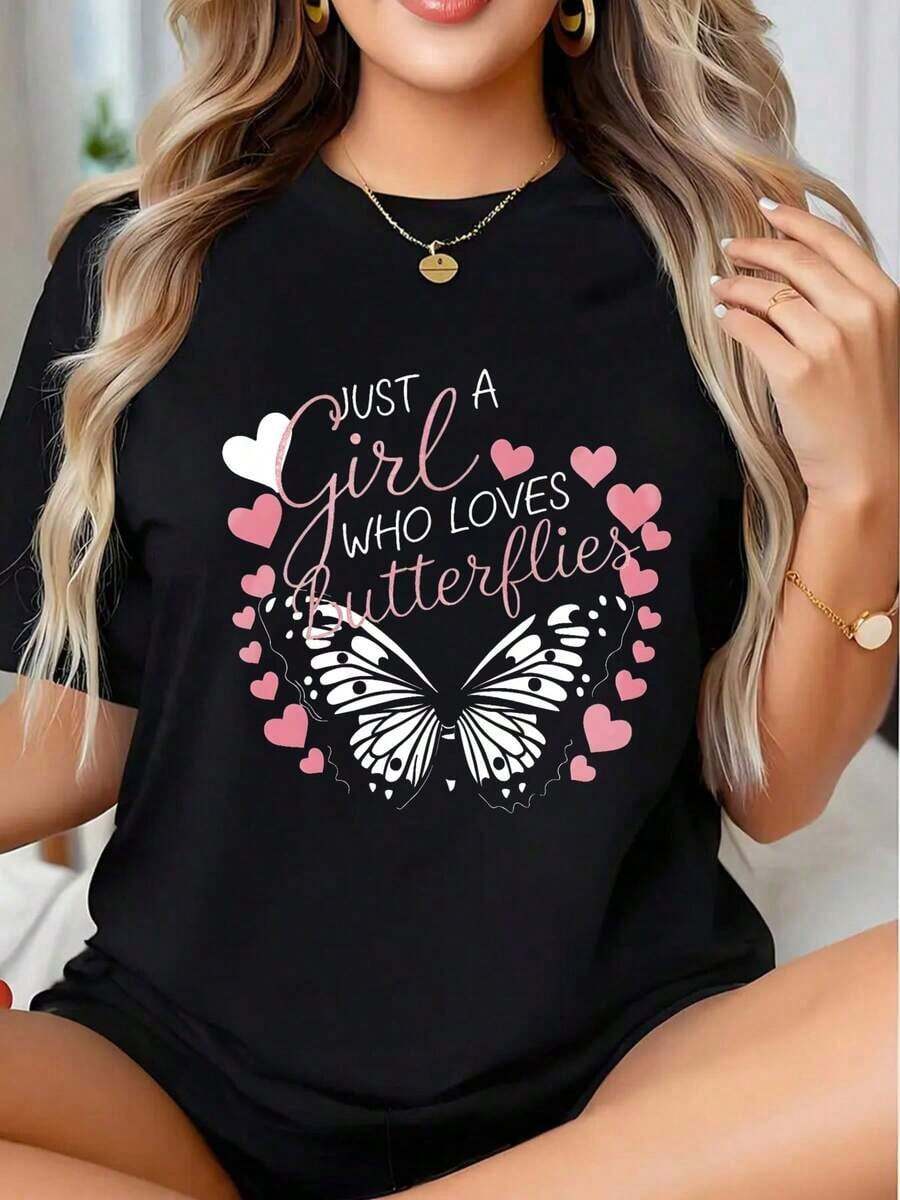 Just A Girl Who Loves Butterflies - Women's Butterfly Graphic T-Shirt, Casual Summer Top With Adorable Insect Print And Romantic Heart Pattern - Vintage Urban Style, Unisex, Cotton, Short Sleeve, Crew Neck, 100% Cotton - 黑色 - 查看 1