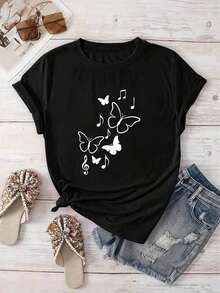 T-shirt única con diseño de mariposas y notas musicales estilo y2k, ideal para un look fresco y moderno, perfecto para amantes de la moda en México, destaca con este original estampado y dale un toque especial a tu guardarropa. - Negro - Ver 12