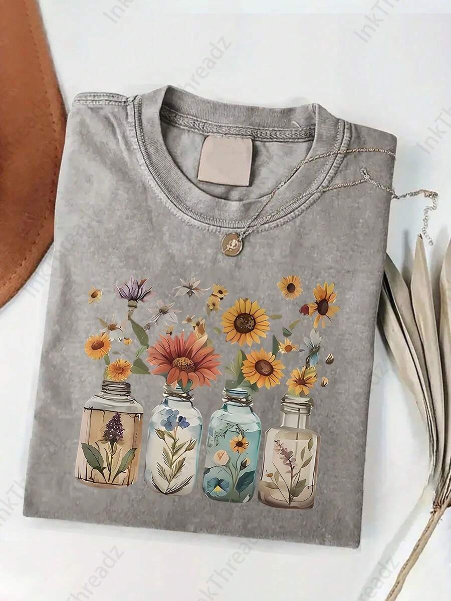 Camiseta de algodón lavado para hombre y mujer, con estampado MEMAW inspirado en la primavera, camiseta de marca de moda vintage de algodón batik de alta calidad, camiseta para mujer, regalo navideño, regalo perfecto, uso diario. - Gris - Ver 1