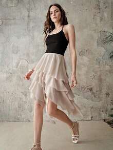 Aveloria Frievida Falda midi de cintura elástica de unicolor con pliegues de estilo europeo y americano, versátil y de moda para primavera/verano - Beis - Ver 3