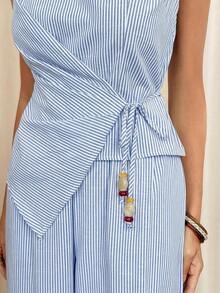 Conjunto de 2 piezas con blusa de cuello en V con lazo en la cintura y volantes en el bajo asimétrico, y pantalones de pierna ancha con cintura elástica, estilo casual, relajado, elegante y vintage para mujer en primavera/verano - Multicolor - Ver 7