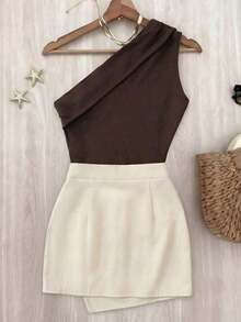 Nuevo conjunto de vacaciones de verano, blusa de hombros fruncidos en marrón + falda asimétrica de dobladillo en albaricoque, conjunto elegante para mujer, conjunto de playa para mujer, conjunto de verano para mujer, conjunto de 2 piezas de color contrastante, traje casual para mujer - Negro - Ver 2