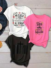 Nuevo modelo : Camiseta casual de manga corta para 3 piezas/set de camisetas de manga suitable for streetwear, Top oversized cuello redondo daily outings, camping, concerts, hip-hop, rock, and rap events mujer de una pieza. "Mi hogar servirá al Señor. Dios me ama, y eso es suficiente." Camiseta con estampado de diseño de código de barras cruzado, camiseta de manga corta con cuello redondo para mujer, top deportivo casual transpirable de algodón puro, regalo para las fiestas. - Negro - Ver 8