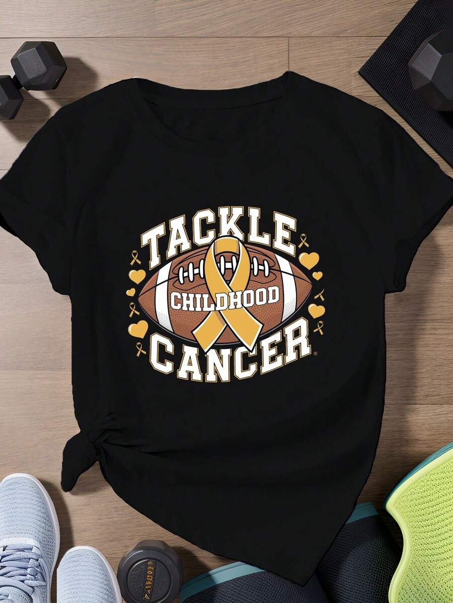 Blusa casual para mujer, lucha contra el cáncer infantil, camiseta deportiva de manga corta para mujer, camisas de algodón para mujer. - Negro - Ver 1