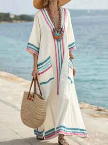 Holidaya Vestido de verano/primavera nuevo de estilo bohemio para vacaciones, informal, con estampado de rayas coloridas y cuello en V de manga 3/4 - Multicolor - Ver 9