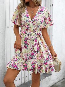 Vestido con estampado dálmata, mangas de mariposa, volantes, dobladillo envolvente y cinturón para vacaciones y playa para mujeres - Albaricoque - Ver 3