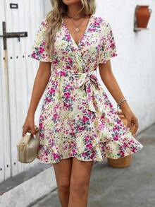 Vestido con estampado dálmata, mangas de mariposa, volantes, dobladillo envolvente y cinturón para vacaciones y playa para mujeres - Albaricoque - Ver 12