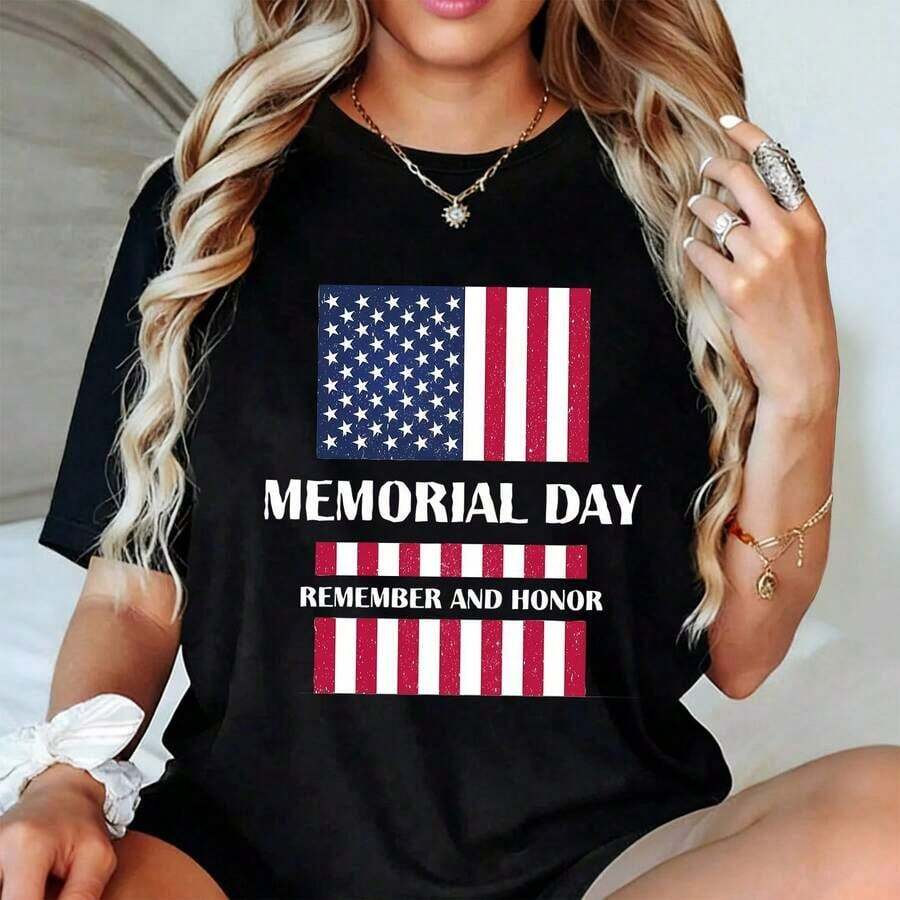 Camiseta Casual de Algodón para Mujer, Cuello Redondo, Manga Corta, con Estampado de la Bandera Americana para el Día de los Caídos, Corte Regular, playeras de mujer - Negro - Ver 1
