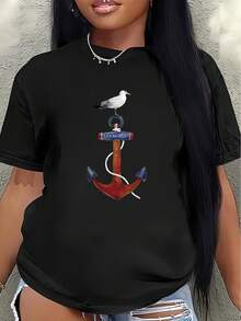 Camiseta de manga corta, ligera y duradera, con diseño de ancla y gaviota, es perfecta para salidas informales a la playa o a una cafetería, ofreciendo una experiencia de uso cómoda en el día a día, con el estampado sobre tela oscura.blusa casual mujer - Negro - Ver 7