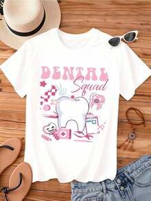 Camiseta de Algodón Estilo Vintage con Estampado de Slogan de Lisboa para Mujer, Cuello Redondo, Estampado de Herramientas Dentales, Manga Corta, para Trabajo en Consultorio Dental o Uso Casual de Verano - Blanco - Ver 3