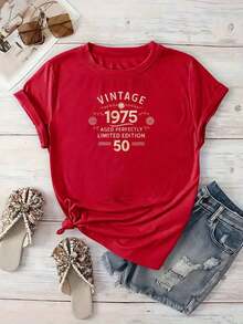ComfortableGráfico con texto Vintage 1975 que celebra la madurez y la experiencia con estilo dorado retro para transmitir orgullo y autenticidad camisetas de mujer 100% algodón casual cómoda para uso diario y reuniones especialesFashion All-match Women's Short Sleeve T-shirt, Basic Style for Inner & Outer Wear - Rojo - Ver 4