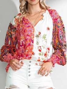 Camisa Floral Colorida com Babado e Punho com Botões - Multicolorido - Visão 1