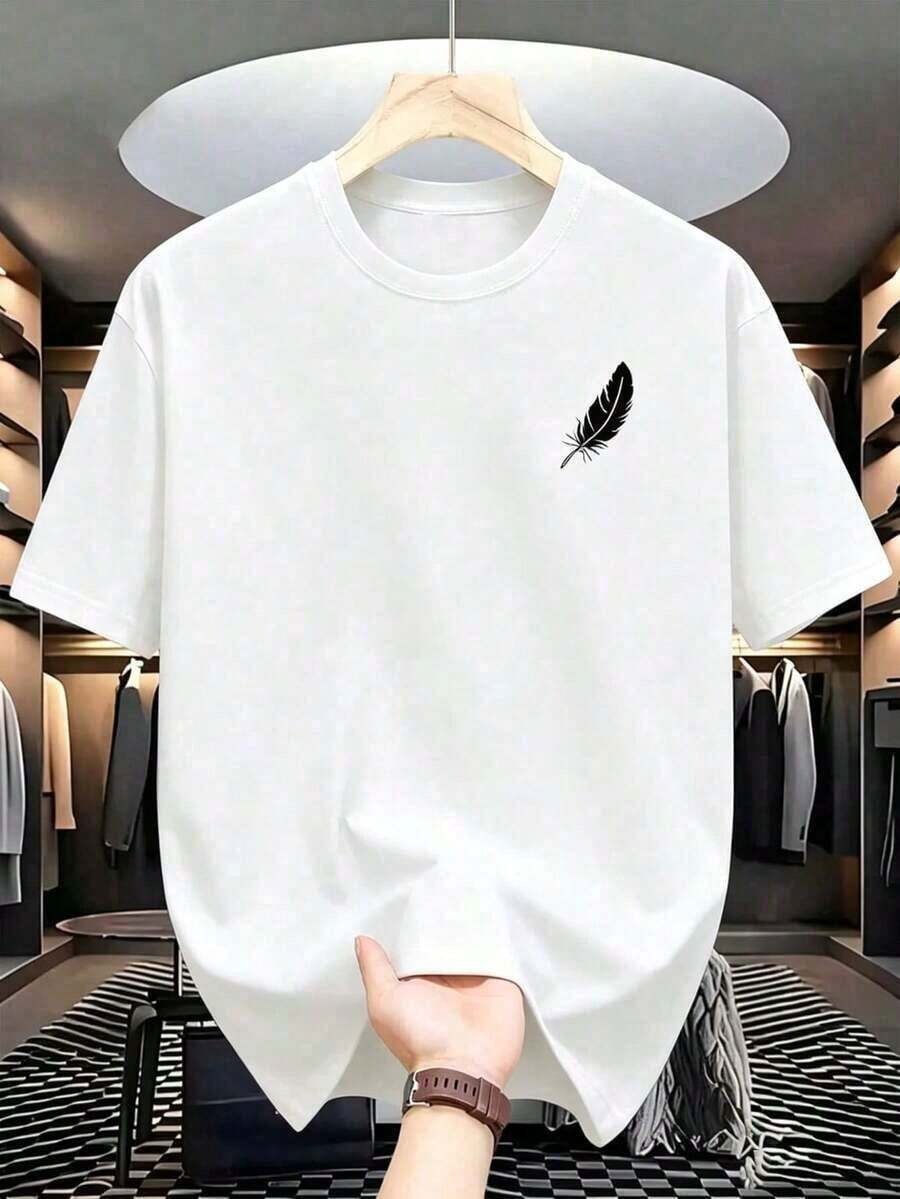 Elegante y nueva camiseta minimalista de alta calidad, casual, de manga corta, con estampado de plumas blancas, cuello redondo, mangas cortas, transpirable y duradera. Adecuado para uso diario, viajes y uso en el hogar. Ofrece comodidad, lavable a máquina, apto para todas las estaciones, pieza versátil, diseño minimalista, estilo clásico, tela de primera calidad, ajuste cómodo, ropa para adultos y moda urbana. Camiseta unisex de algodón suelta de manga corta y cuello redondo, estilo retro urbano y ecológico. - Blanco - Ver 1