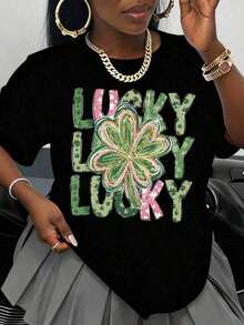 Camiseta con Estampado de Trébol de la Suerte Verde y Rosa con Trébol de Cuatro Hojas y Texto de la Suerte Celebración del Día de San Patricio Y2Y-Ropa de Verano MIII Camiseta de Manga Corta con Estampado Gráfico Grunge Y2K Ropa Fresca de Verano para Mujer - Negro - Ver 6