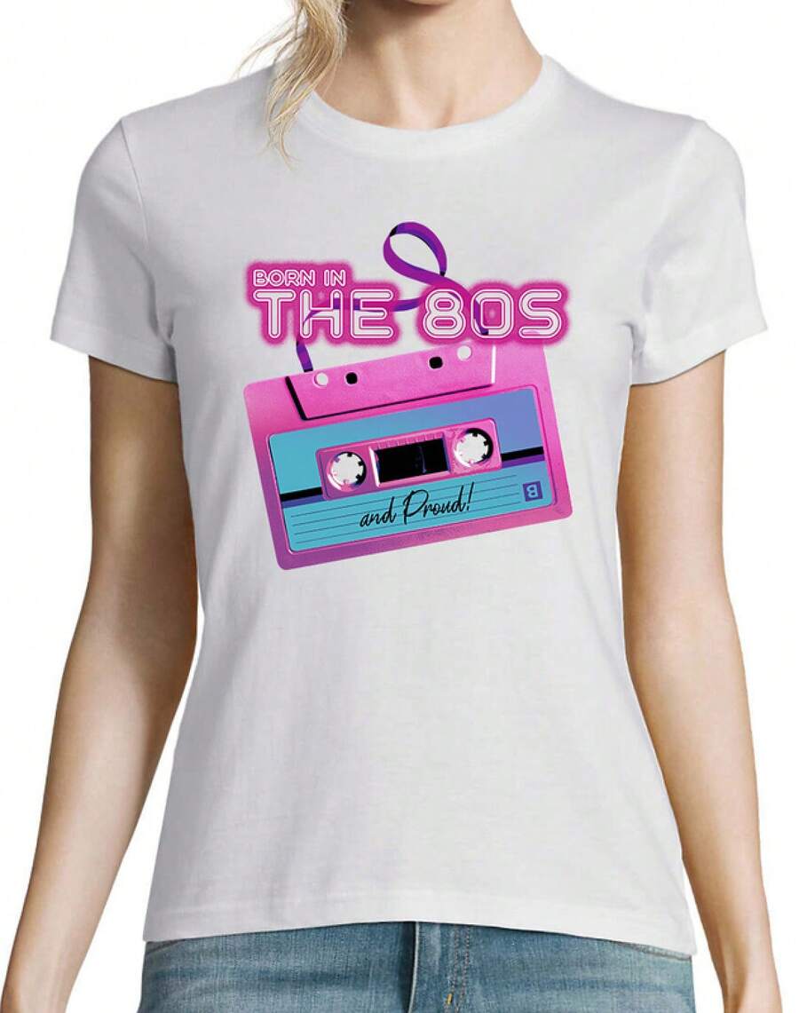 Camiseta para Mujer de Youth Designz con Frase Divertida: Nacida en los 80 y Orgullosa, Camisetas de Moda de los 80, Tops Cómodos, Camisetas Modernas - Blanco - Ver 1