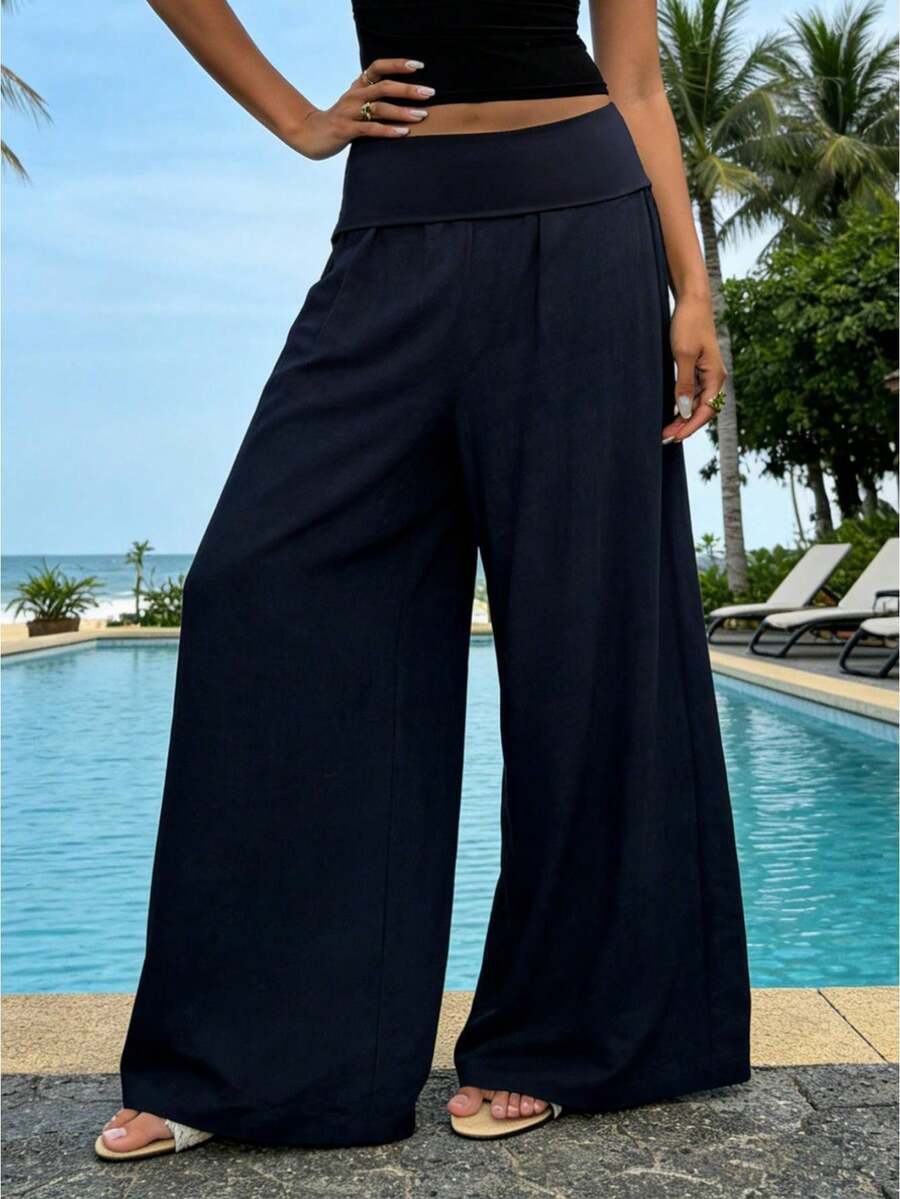 Pantalones de cintura ancha y piernas anchas plegables de lino bohemio Y2K para mujeres, pantalones Palazzo relajados de cintura baja de color sólido, pantalones de playa cómodos en verano, adecuados para el ocio diario - Azul oscuro - Ver 1