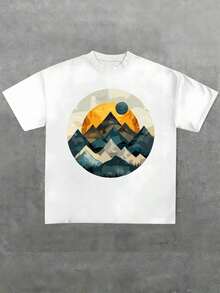 Plus Size T-Shirt With Mountain And Sun Print, A Tranquil Nature Scene Showing Layers Of Silhouetted Mountains In Front Of A Bright Sun, 100% Cotton T-Shirt For Calm And Style. - White - View 8