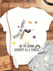 1 pieza Camiseta con estampado gráfico de unicornio arcoíris "Respect My Homies Or Im Gonna Identify As A Threat Duck Pride" para mujeres y niñas, LGBTQ, top casual de verano, 180g 100% algodón. - Blanco - Ver 3