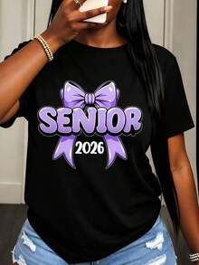 Camiseta de Mujer para Graduación 2026 con Estampado de Lazo Morado, Ropa Casual de Verano para Celebración de Graduación - Negro - Ver 6