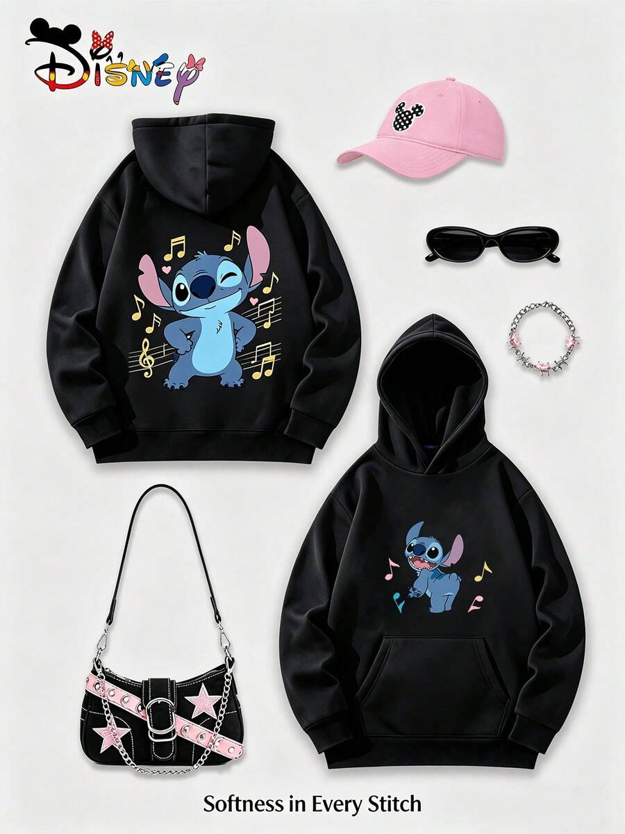 Disney Sudadera con estampado de Lilo y Stitch de estilo Y2K, una prenda superior divertida y de corte relajado con un estampado de Stitch. Una opción casual y versátil, perfecta para regalos navideños. (Ropa de mujer para otoño/invierno/Atuendos elegantes de mujer/Sudaderas con capucha estampadas/Tops estampados/Atuendos casuales para mujer/ actuales para mujeres/Conjuntos navideños/Tallas grandes) - Negro - Ver 1