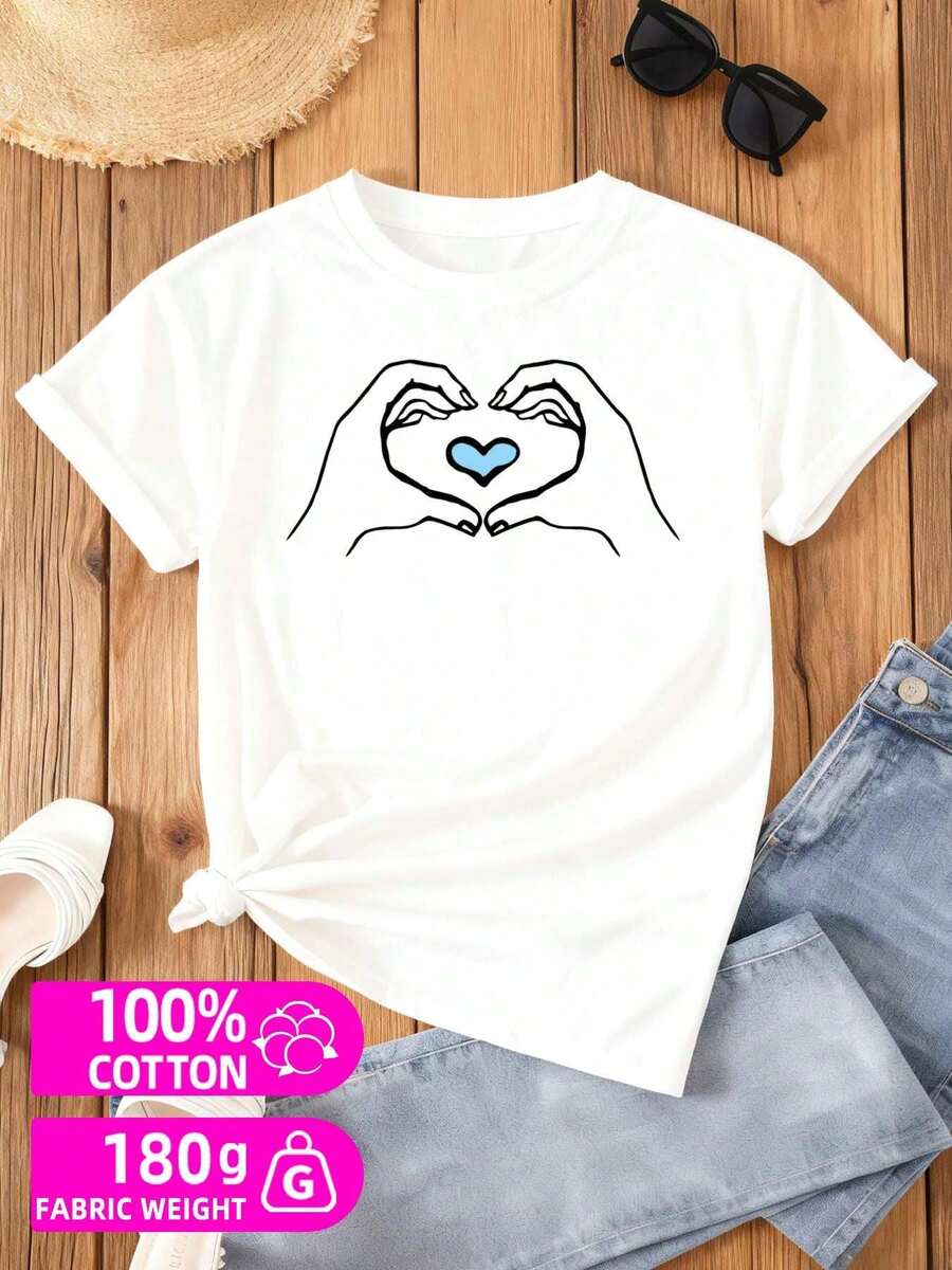 Camiseta de una pieza con estampado de manos en forma de corazón, 100% algodón, 180 gramos, estampado romántico, casual y divertida, blanca, tela transpirable, cuello redondo, manga corta, adecuada para uso casual al aire libre en verano, regalo de Año Nuevo. - Blanco - Ver 1