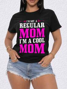Camiseta estampada Cool Mom, camiseta de manga corta con cuello redondo para mujer, camiseta estampada informal negra, ropa de estilo urbano, corte regular, ropa informal para todas las estaciones, opción de regalo para el Día de la Madre. Top de manga corta cómodo y versátil. - Negro - Ver 4