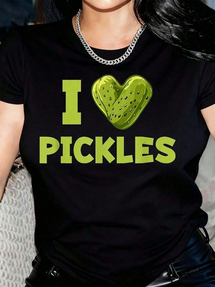 Camiseta Gráfica S I Love Pickles & Sauerkraut - Diseño Adorable de Pepinillos y Corazón con Texto en Alemán, Camiseta Ligera y Transpirable de Manga Corta para el Verano, Atuendo Casual para Amantes de los Pepinillos (Verde, Lavable a Máquina) - Negro - Ver 1