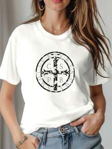 Camiseta Estampada de Algodón Puro para Mujer de St. Benedict's, Blusa Casual de Manga Corta Cómoda y Versátil para Mujer - Blanco - Ver 7