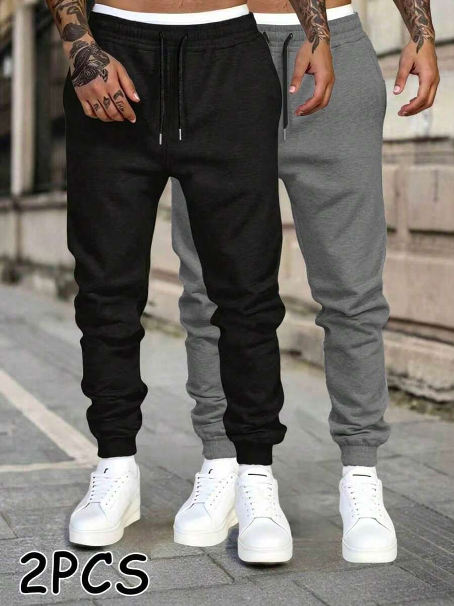 父親節禮物 2件組 男款抽繩腰純色運動長褲 黑色極簡健身基本款